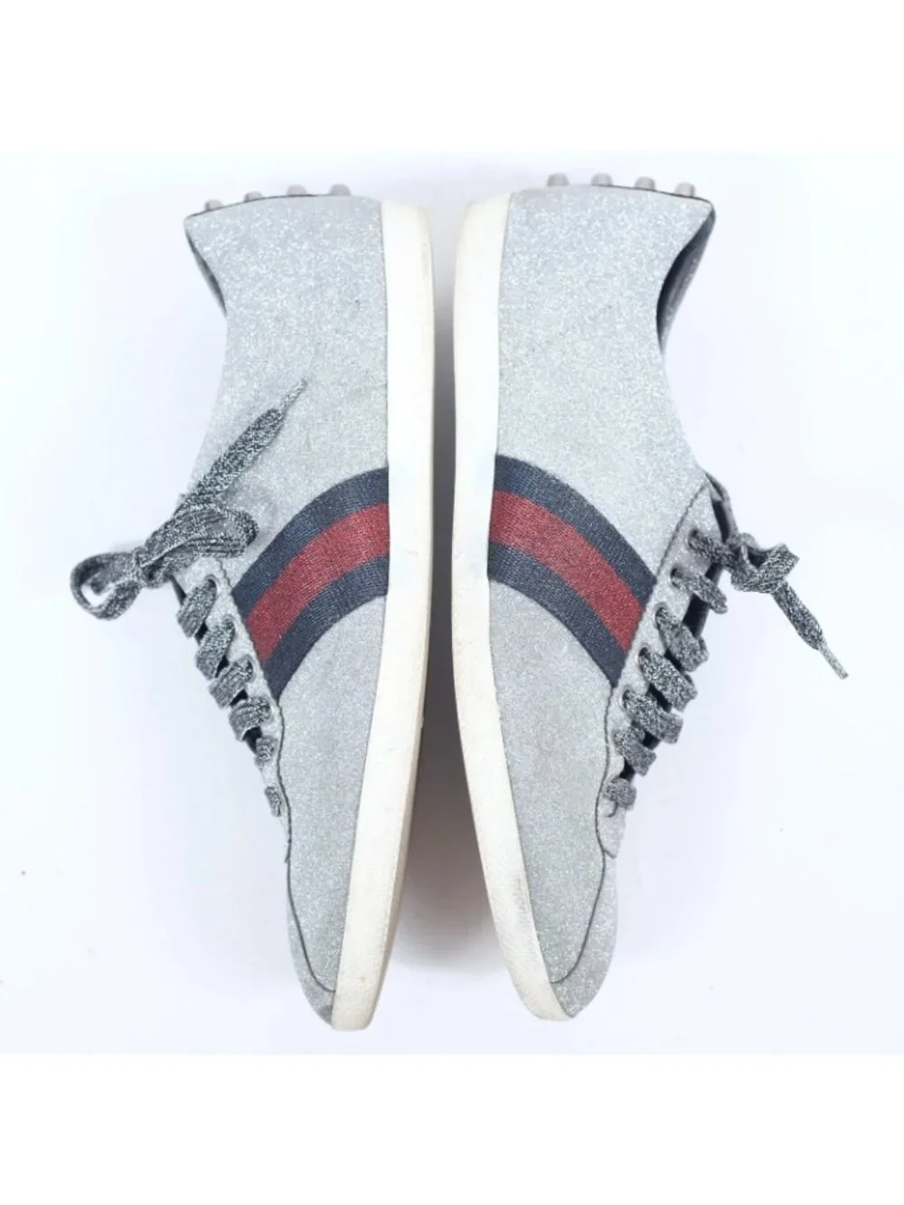 GUCCI Ace Glitter Trainers Sneakers 9.5 D Silver Web